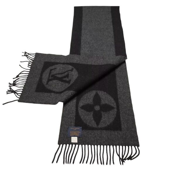 Authentic Louis Vuitton Gray Black Cashmere LV Monogram Baroda Scarf Stole Wrap - Picture 3 of 11
